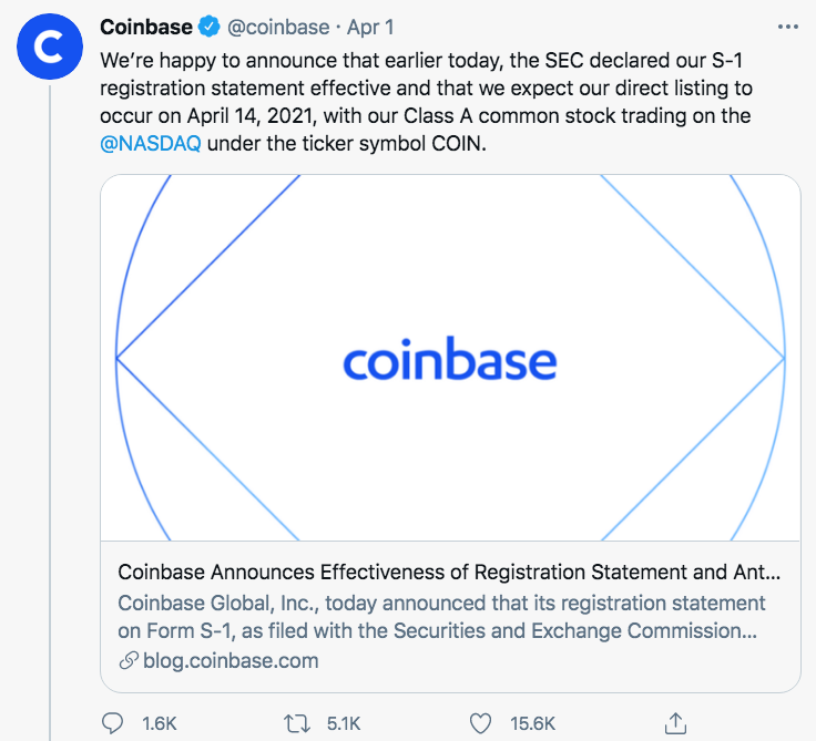 Coinbase Tweet